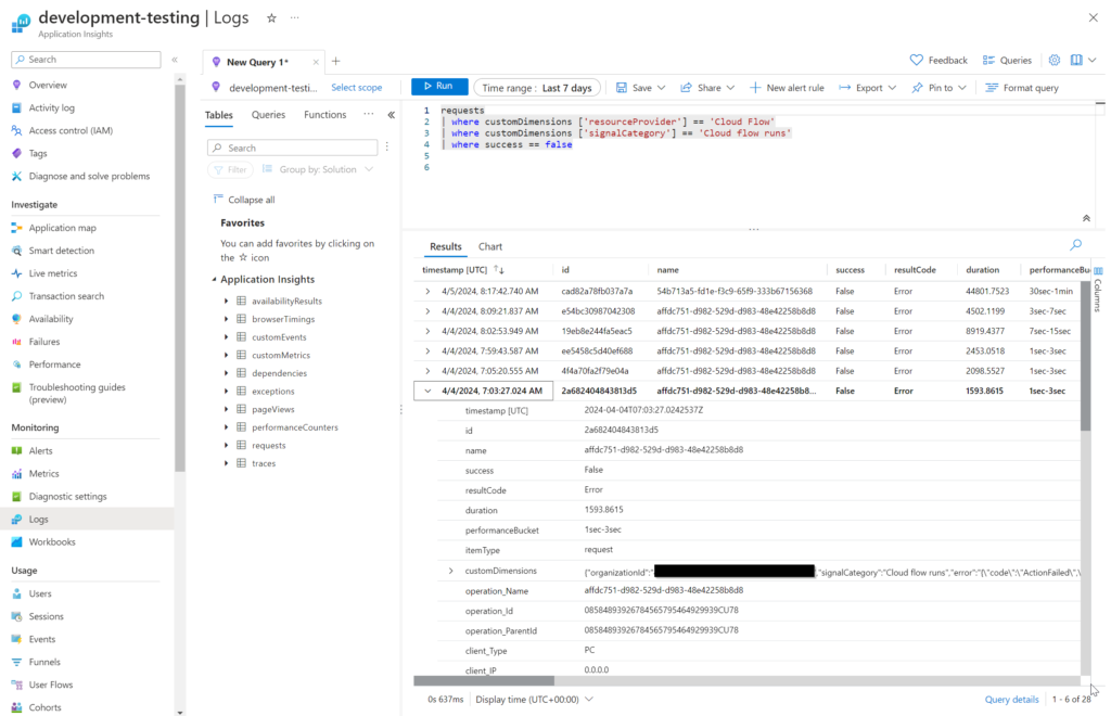 An example of how to retrieve from Application Insights logs all Power Automate workflow startup and error lines from the last week.