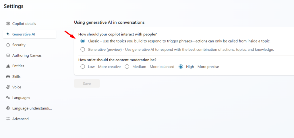 Geenrative AI settings for Copilot Studio bot