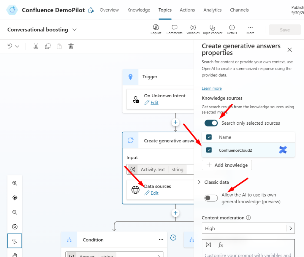 Configurin data sources for Conversation booster topic