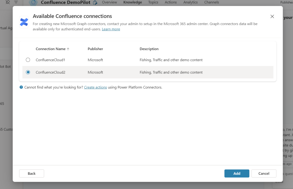 Selecting Confluence connector as knowledge source of Copilot Studio bot