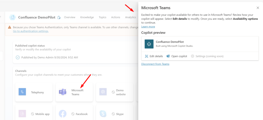 Teams channel settings in Copilot Studio bot