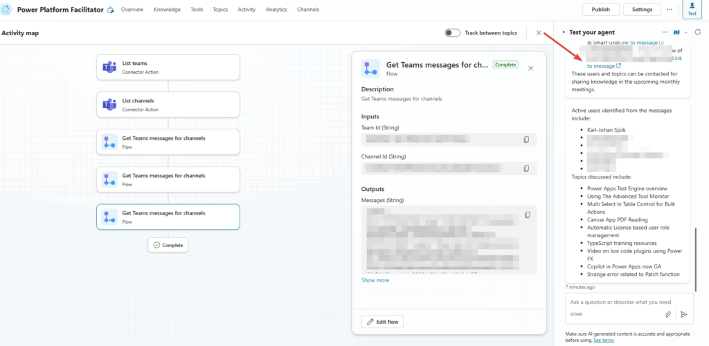 Working solution of autonomous agent getting active persons from team channels