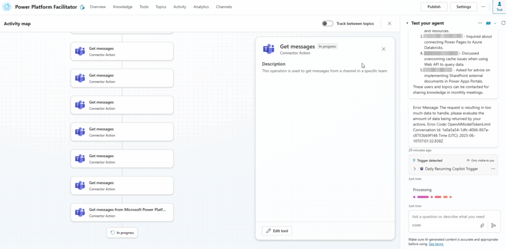 Agent activity of getting user activities from Teams