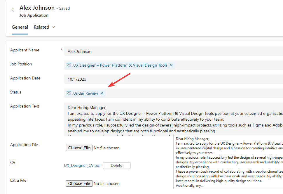 Changing job application status to under review in model-driven app