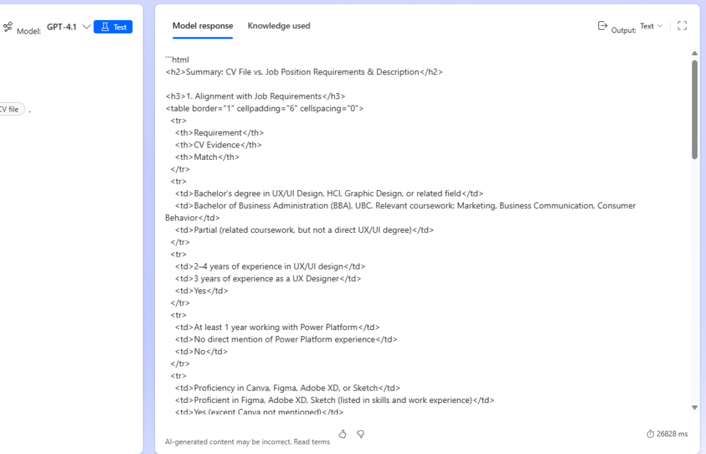 Testing model response in AI Hub over Power Automate flow designer