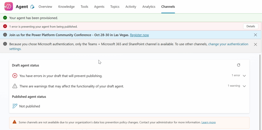 User can provision an agent but cannot publish it