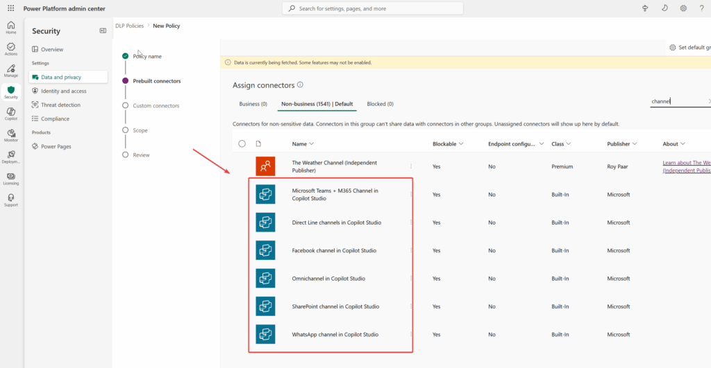 Channel connectors in DLP policy editor
