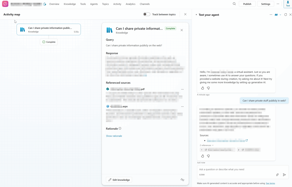 Second agent editor testing agent using knowledge source
