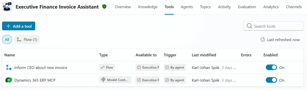 Copilot Studio agent tools for MCP server and Agent Flow