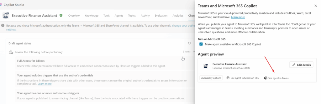 Teams channel for agent 