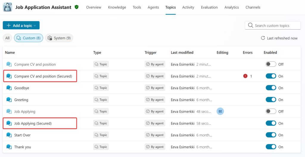 Adding secured topics to Copilot Studio agent and disabling the vulnerable topics