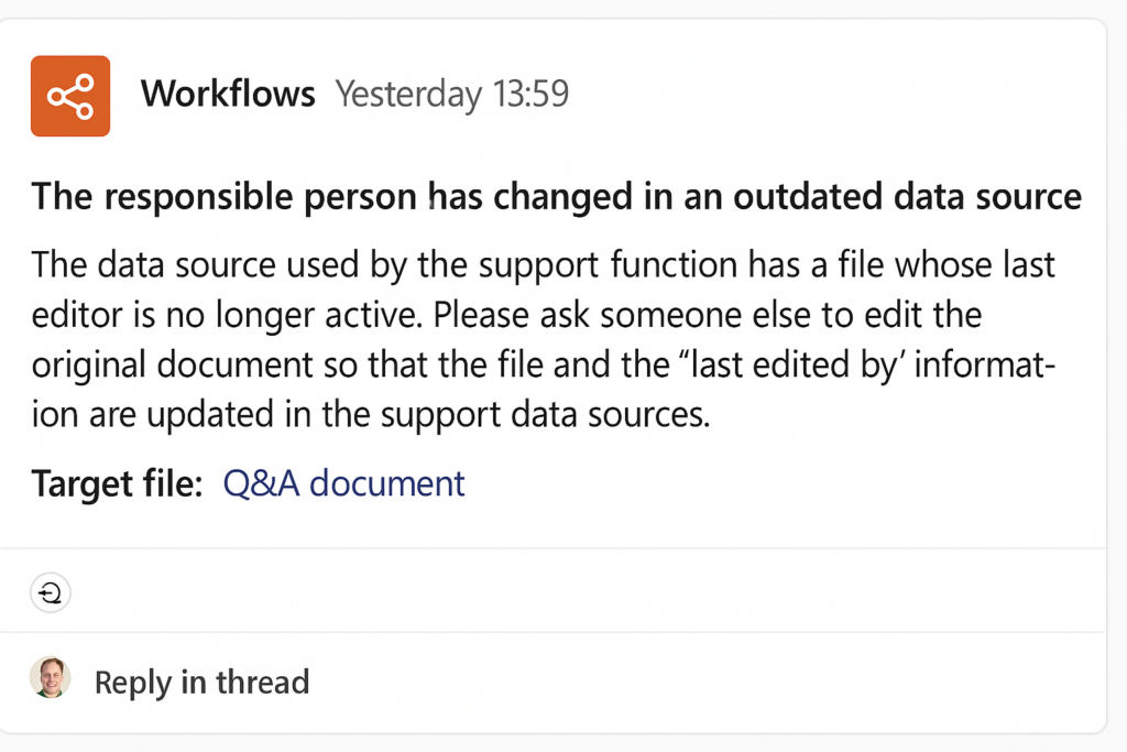 Post in Teams channel about responsible person missing or does not work in the organization anymore