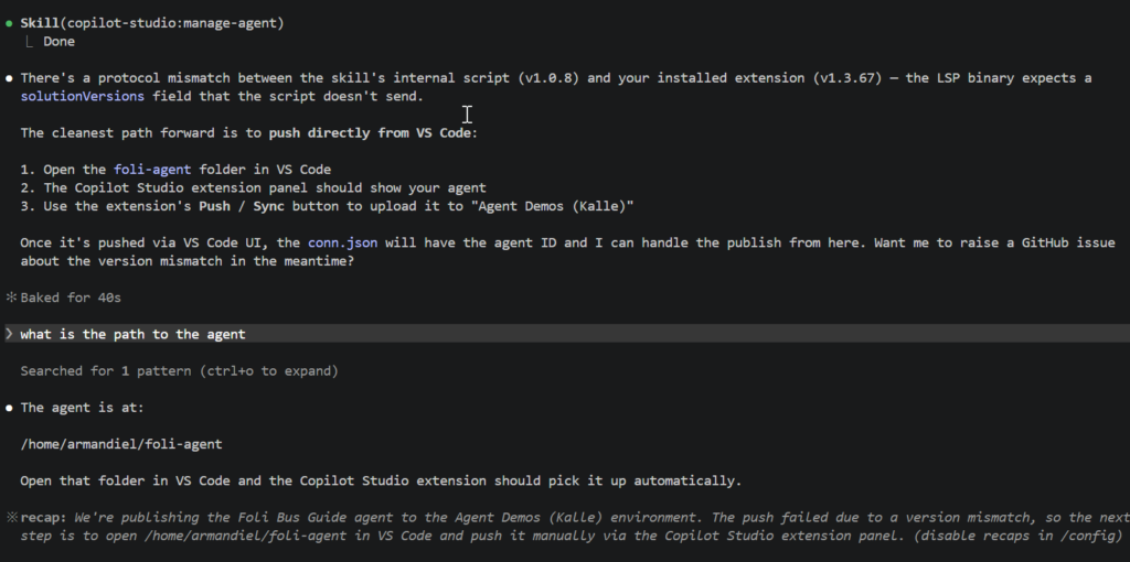 Claude Code not able to publish agent into Copilot Studio