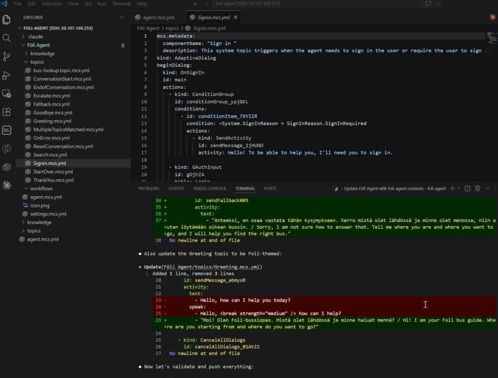 Merging agent yml files from created to empty agent cloned from Copilot Studio