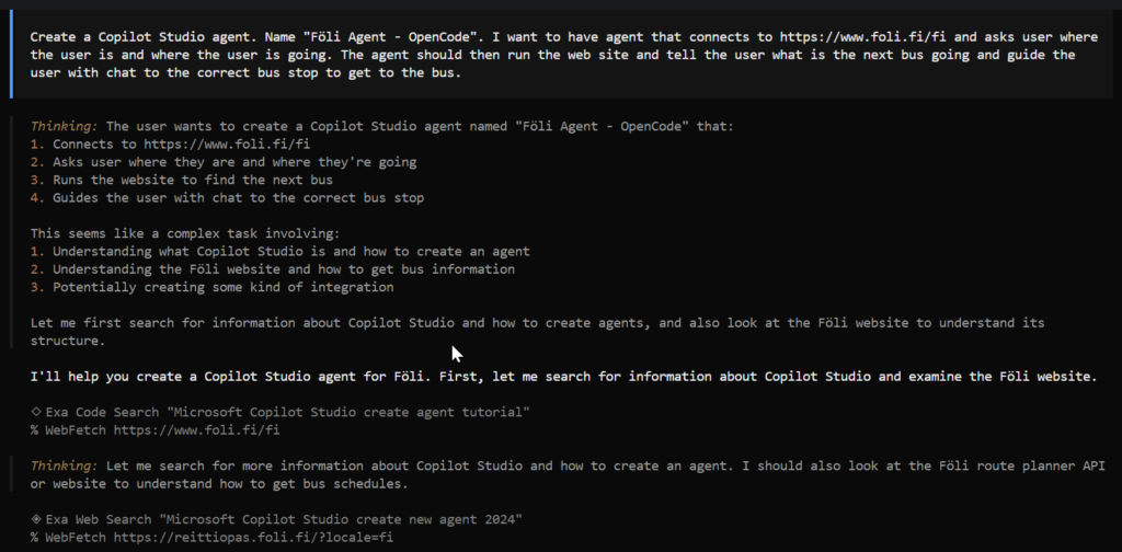 OpenCode working and creating Föli Agent with the same prompt as Claude
