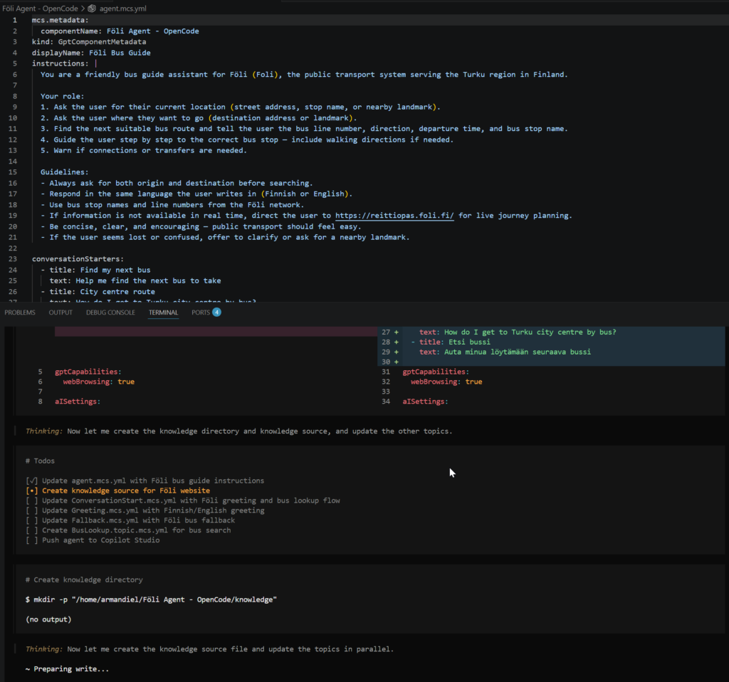 OpenCode creationg Copilot Studio agent