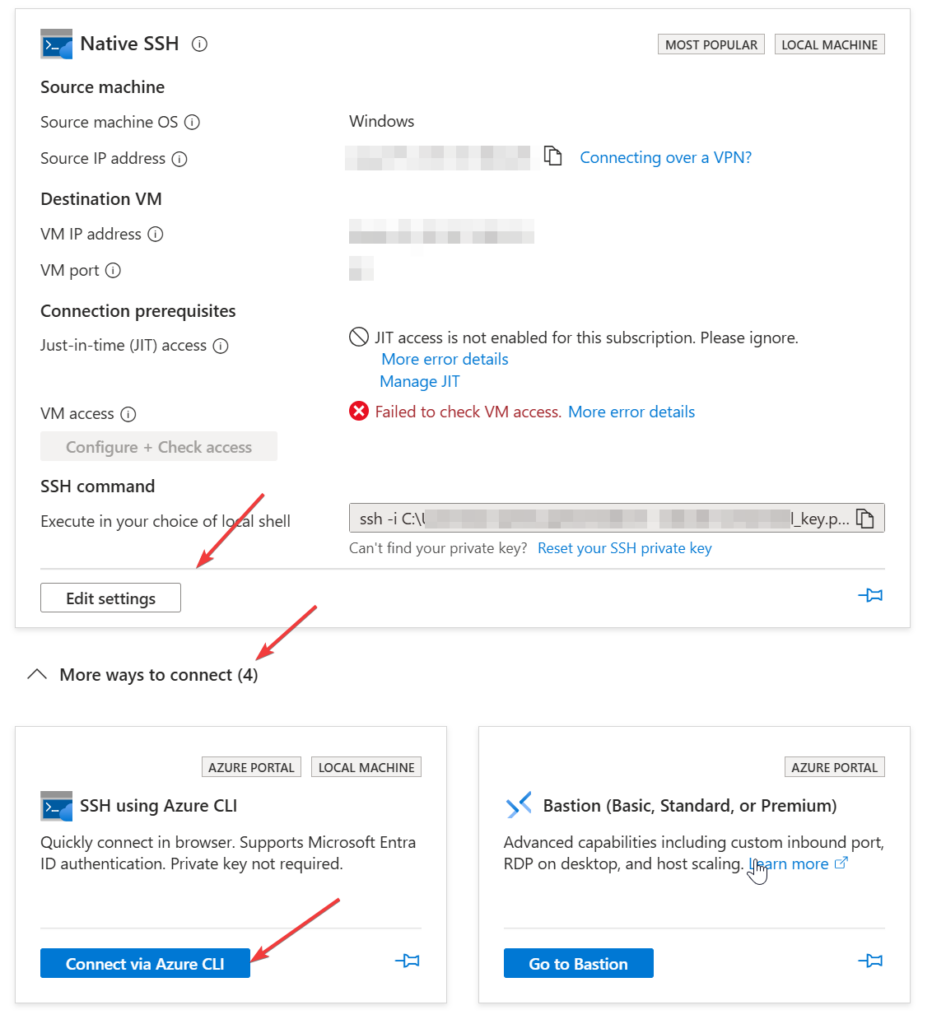 Virtual machine connection settings in Azure portal