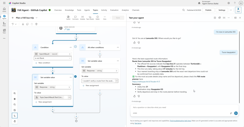 Answering totally gibberish in Copilot Studio when trying the pushed agent in UI