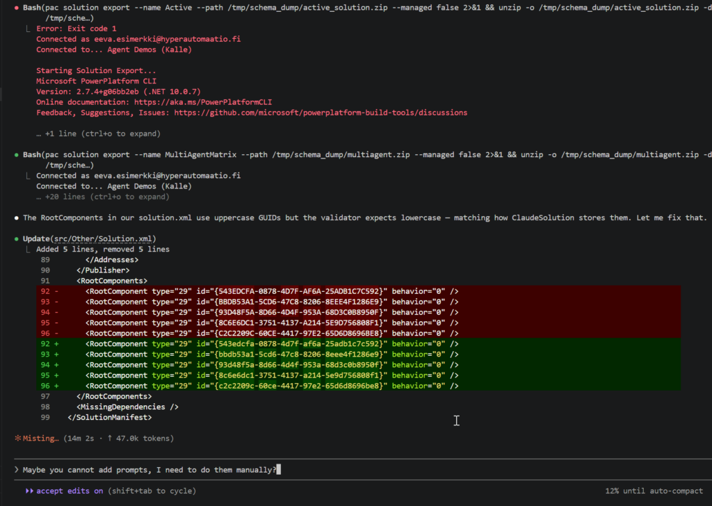 Claude did changes in 15min but used 20min for pushing the flows into Power Platform environment