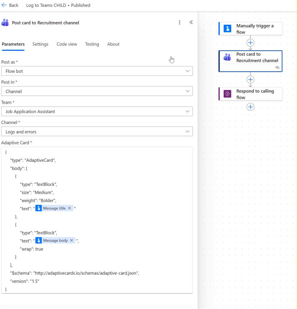 Claude created child flow for logging into Teams as adaptive card