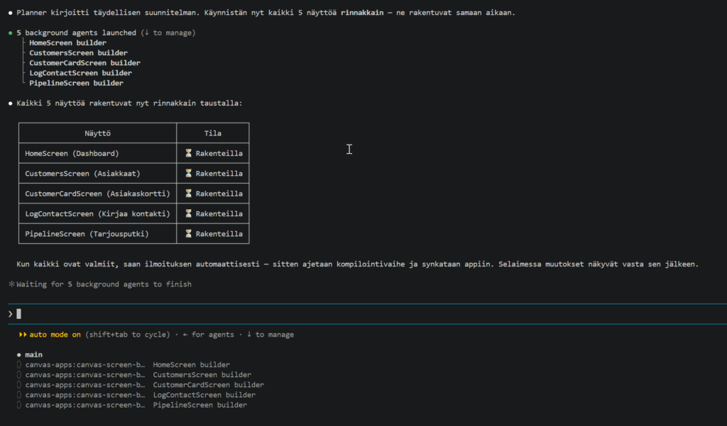 Claude Code terminal showing 5 parallel canvas-screen-builder agents running, with the Power Apps tree view showing all 5 screens appearing