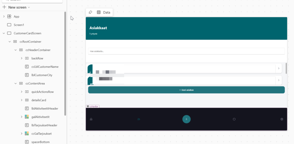 Power Apps showing the broken layout — header and navBar each taking 1/3 of screen height