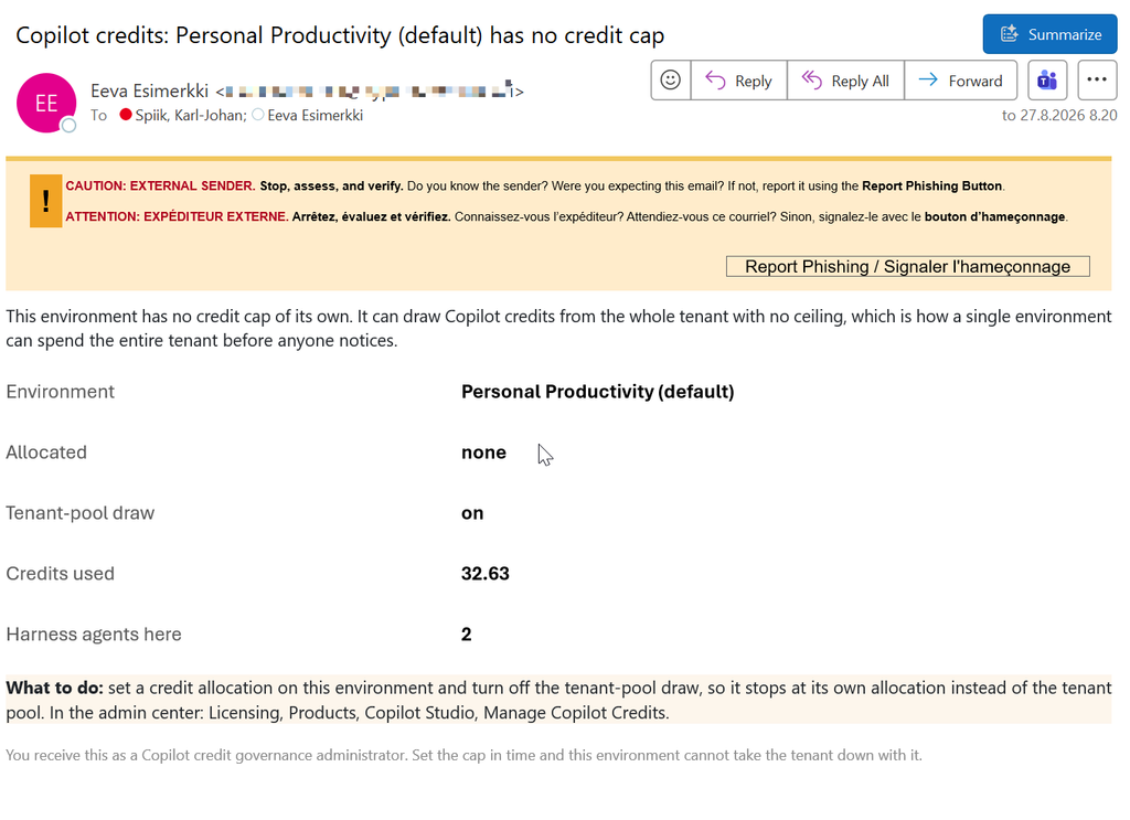 An email alert listing an environment with no credit allocation, showing tenant pool draw switched on, credits already consumed and the number of agents on the GitHub Copilot harness in that environment.