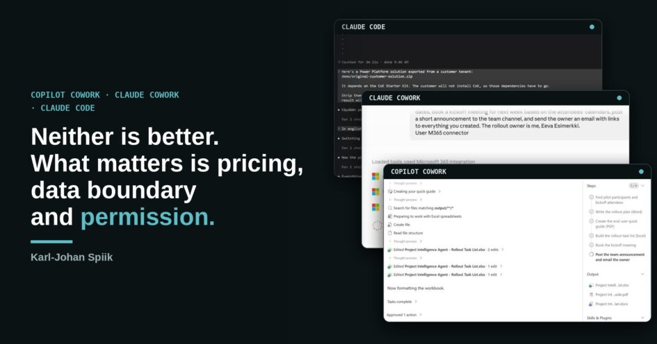 Cover: Copilot Cowork, Claude Cowork and Claude Code side by side. Neither is better. What matters is pricing, data boundary and permission.