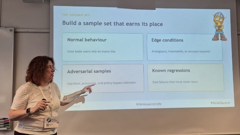 Claire Edgson pointing at her golden set slide: normal behaviour, edge conditions, adversarial samples, known regressions