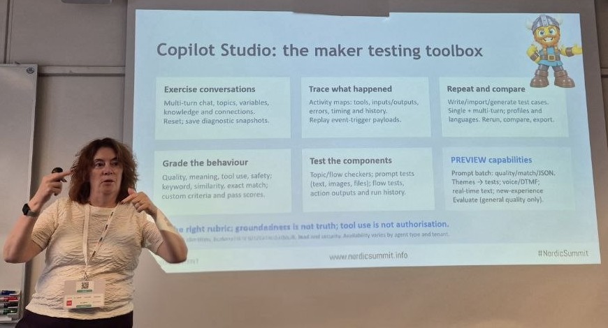 Claire Edgson in front of the slide Copilot Studio: the maker testing toolbox, six boxes from exercise conversations to preview capabilities
