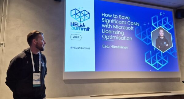 Eetu Hamalainen next to his title slide, How to Save Significant Costs with Microsoft Licensing Optimisation, HELish Summit 2026