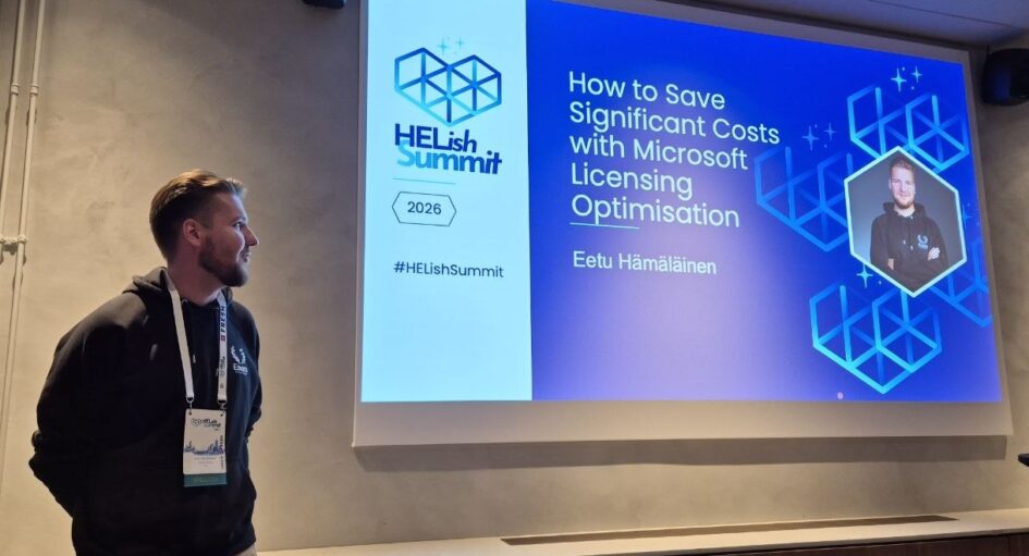Eetu Hamalainen next to his title slide, How to Save Significant Costs with Microsoft Licensing Optimisation, HELish Summit 2026