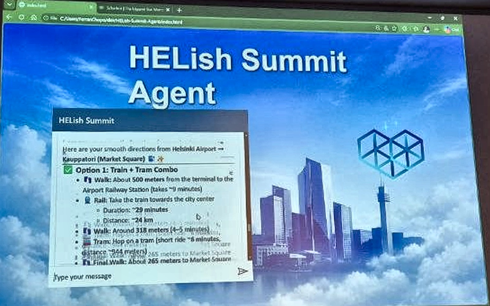 HELish Summit Agent chat answering with directions from Helsinki Airport to Kauppatori: walk 500 metres, train about 29 minutes, tram, final walk 265 metres