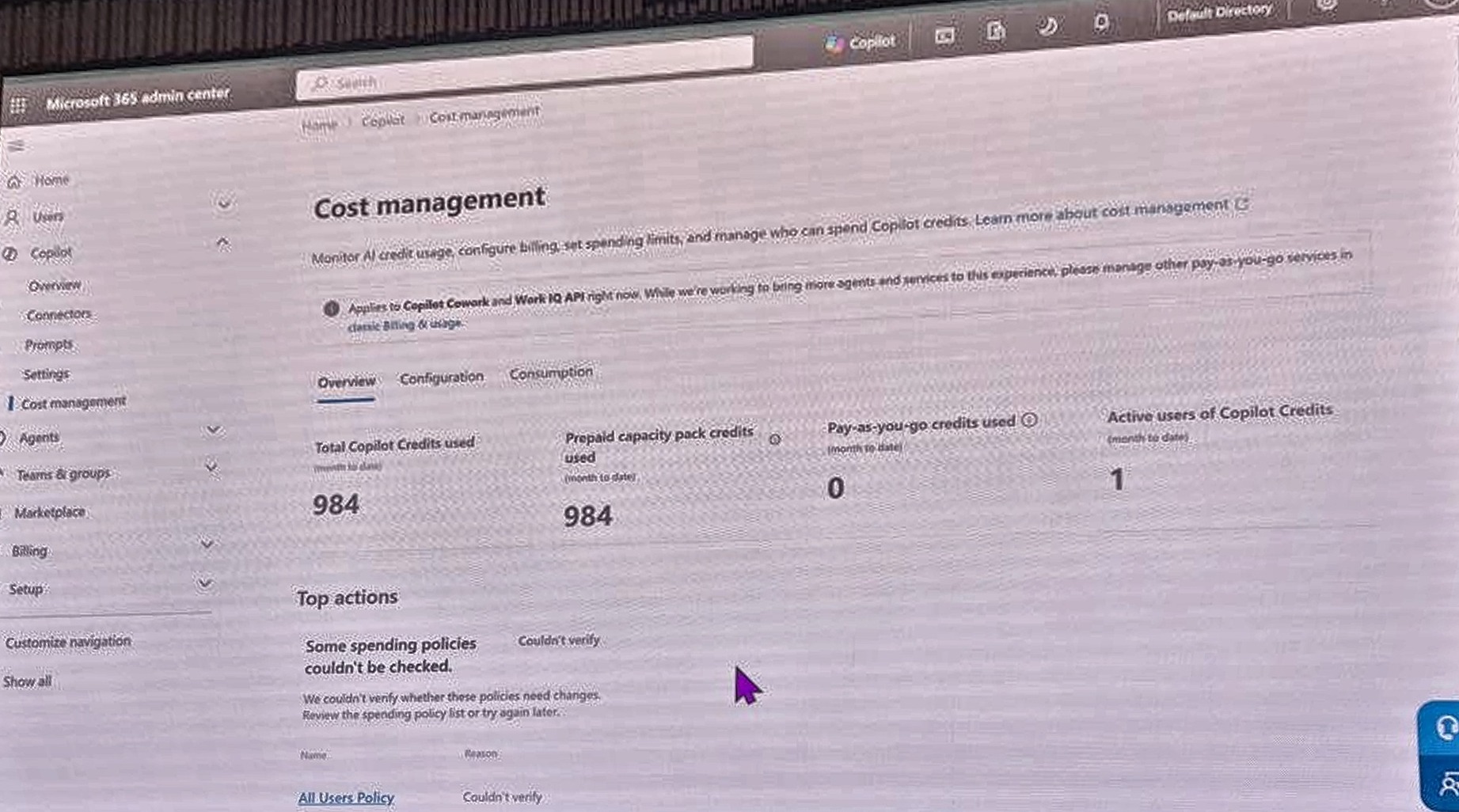 Microsoft 365 admin center, Copilot cost management: total Copilot credits used 984, prepaid capacity pack credits 984, pay-as-you-go 0, one active user