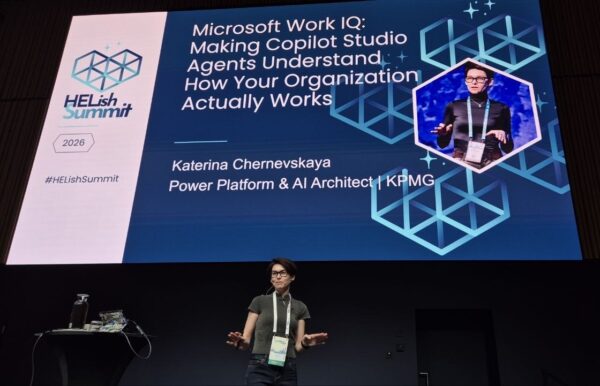 Katerina Chernevskaya, Power Platform and AI Architect at KPMG, on stage at HELish Summit 2026 with her intro slide
