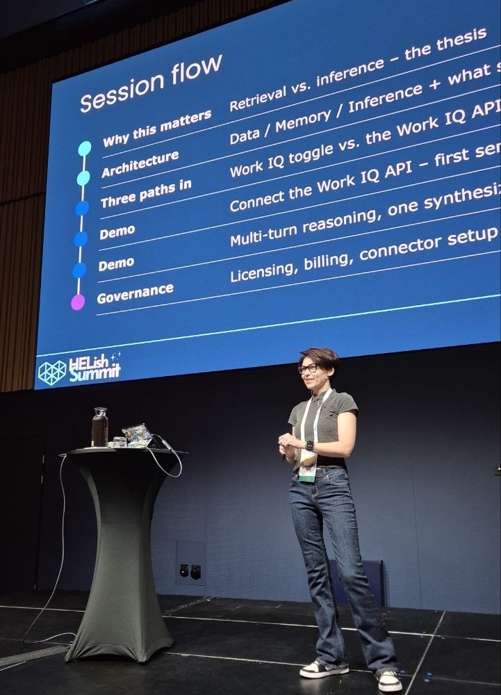 Session flow slide: why this matters, architecture, three paths in, two demos, governance; Katerina Chernevskaya on stage