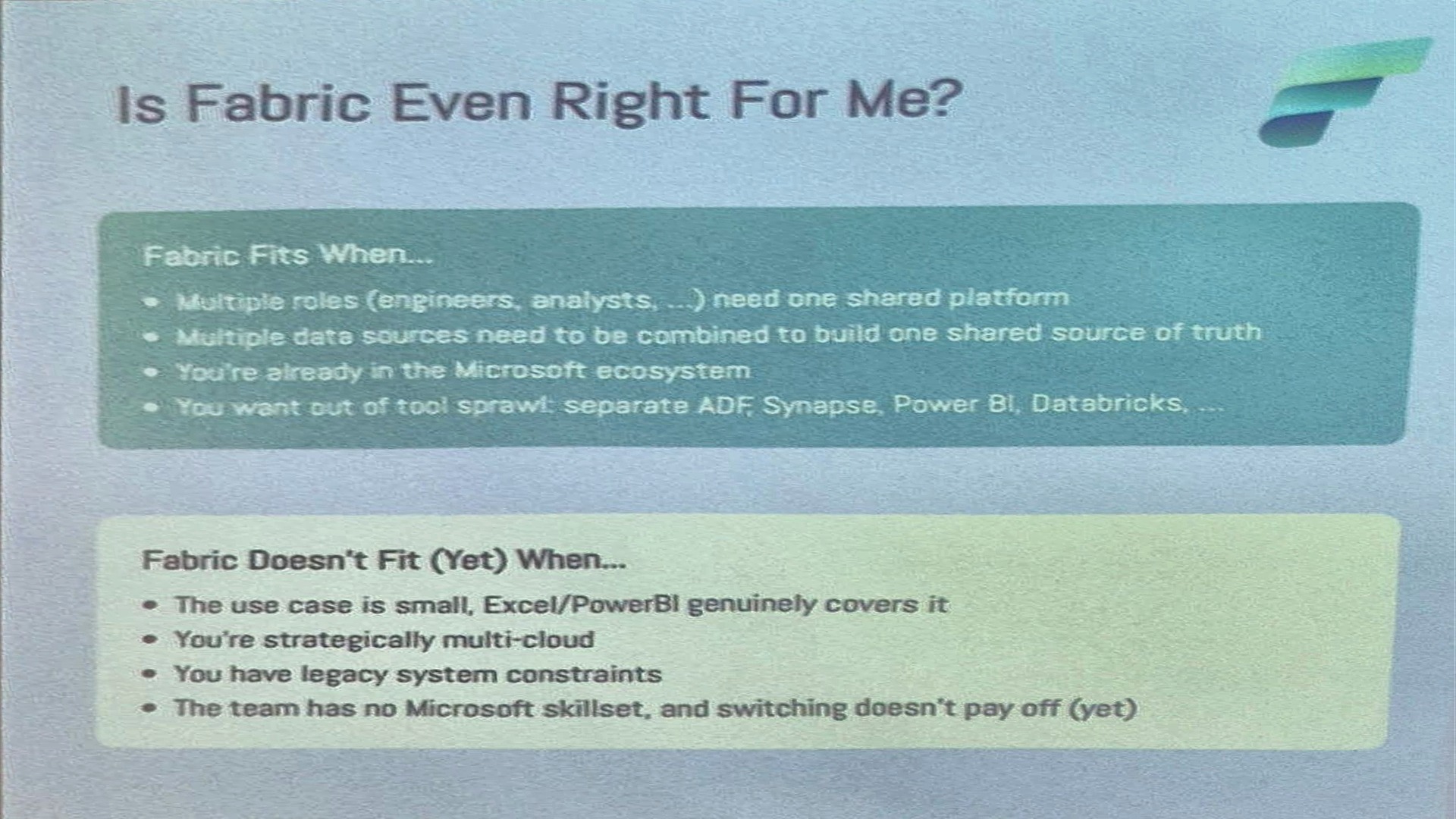 Slide: is Fabric even right for me, listing when Fabric fits and when it does not fit yet