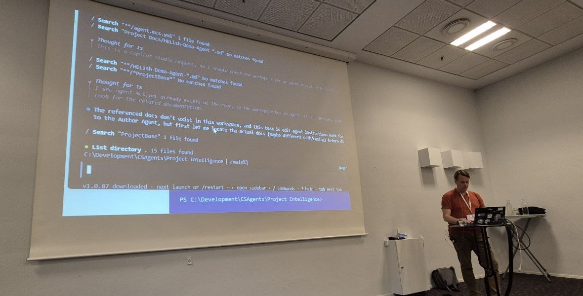 Mikko Koskinen at his laptop with a coding agent terminal on screen searching the cloned Copilot Studio agent files