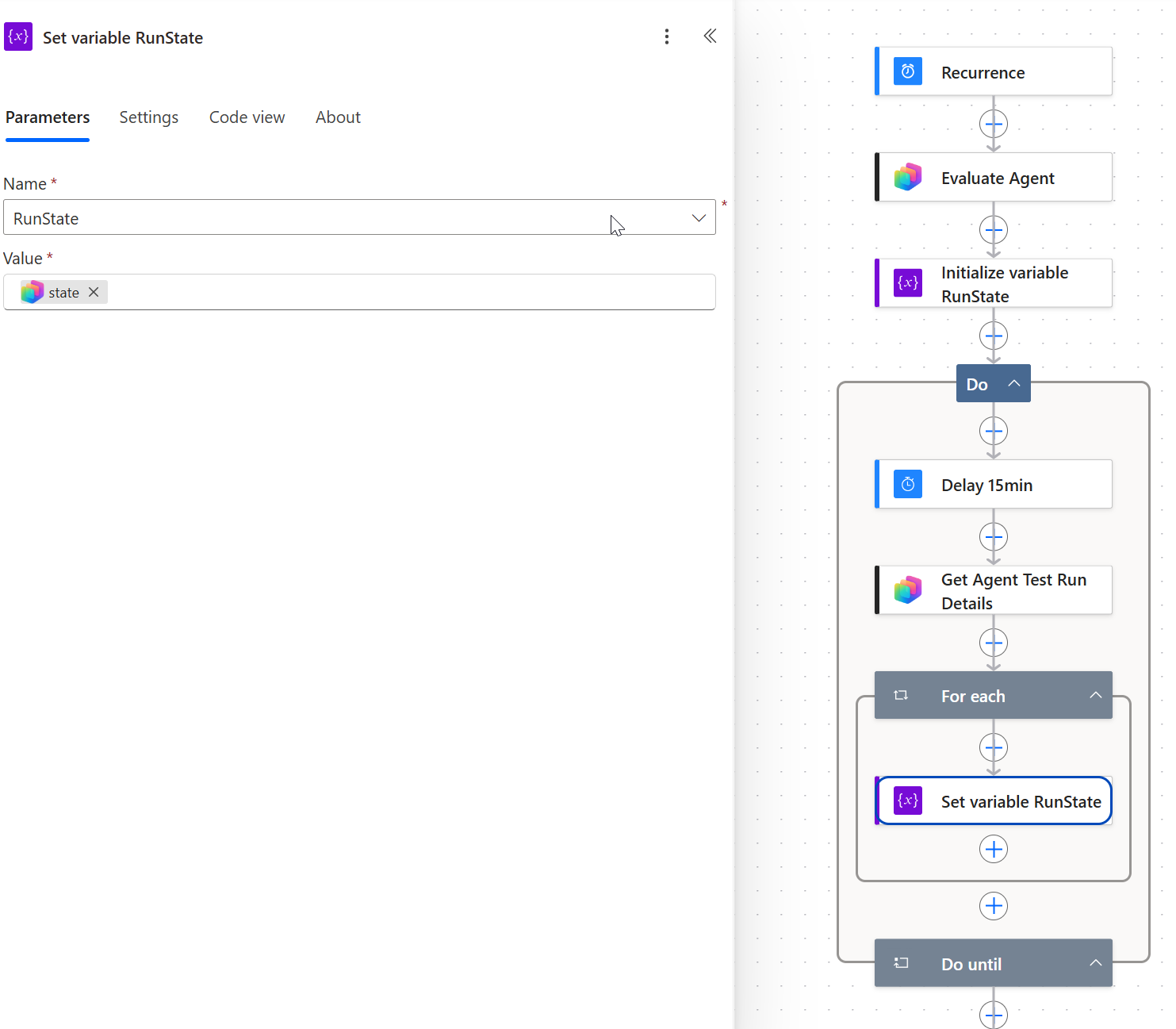The scheduled flow: Recurrence, Evaluate Agent, and a Do until loop that polls for completion