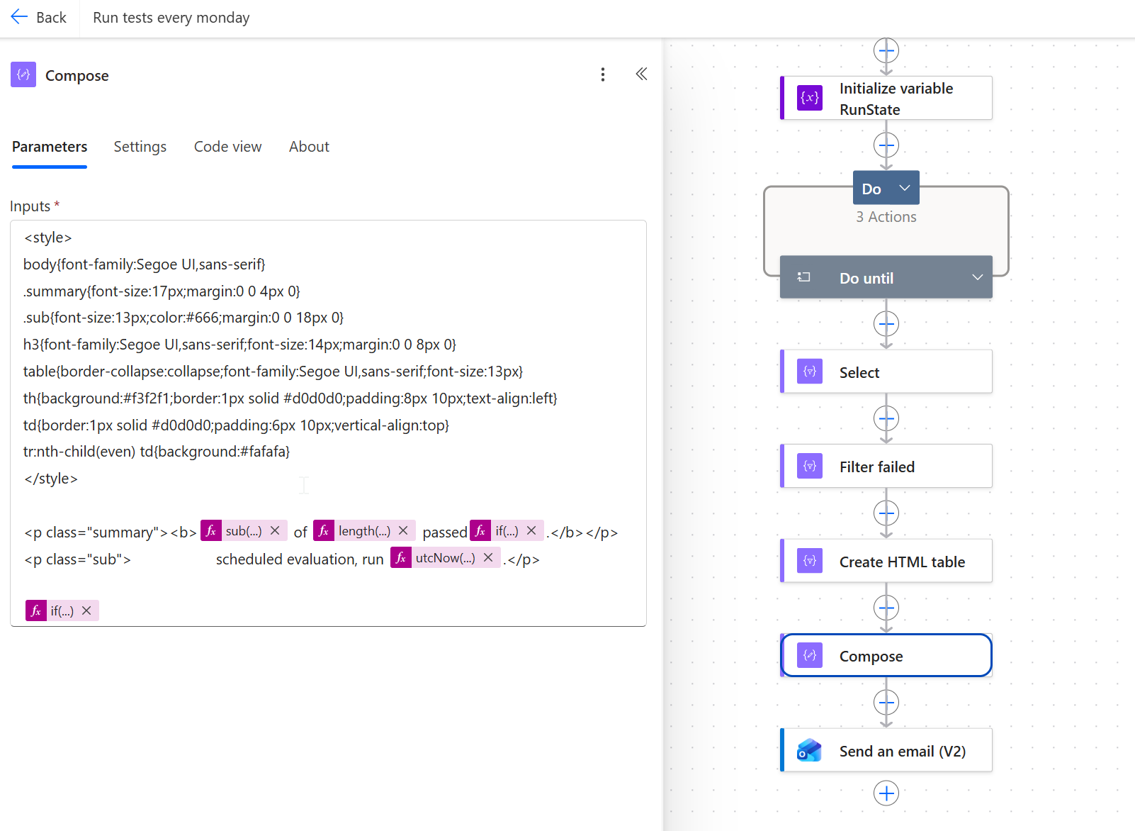 The flow after the change: Filter failed sits between Select and Create HTML table