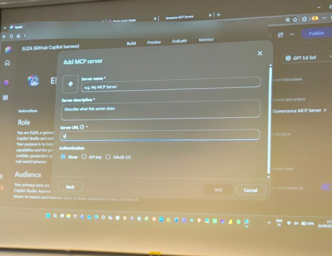 Copilot Studio Add MCP server dialog: server name, description, server URL and authentication options none, API key or OAuth 2.0