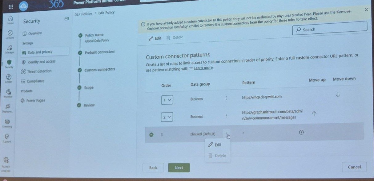 Power Platform admin center data policy, custom connector patterns: two allowed URL patterns and a default rule set to Blocked
