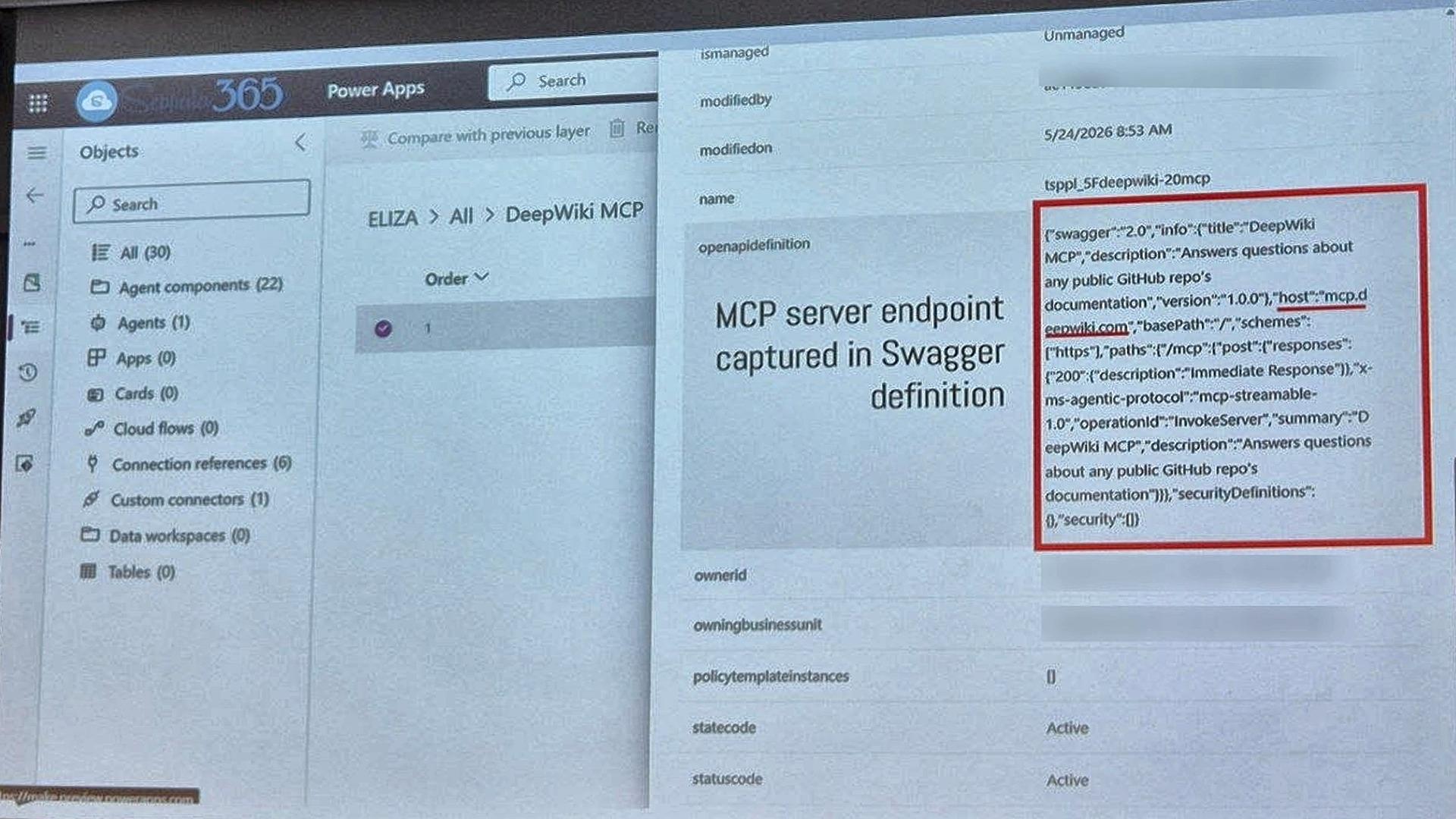 Solution explorer showing the custom connector created by a custom MCP connection, with the real MCP server host visible in the OpenAPI definition