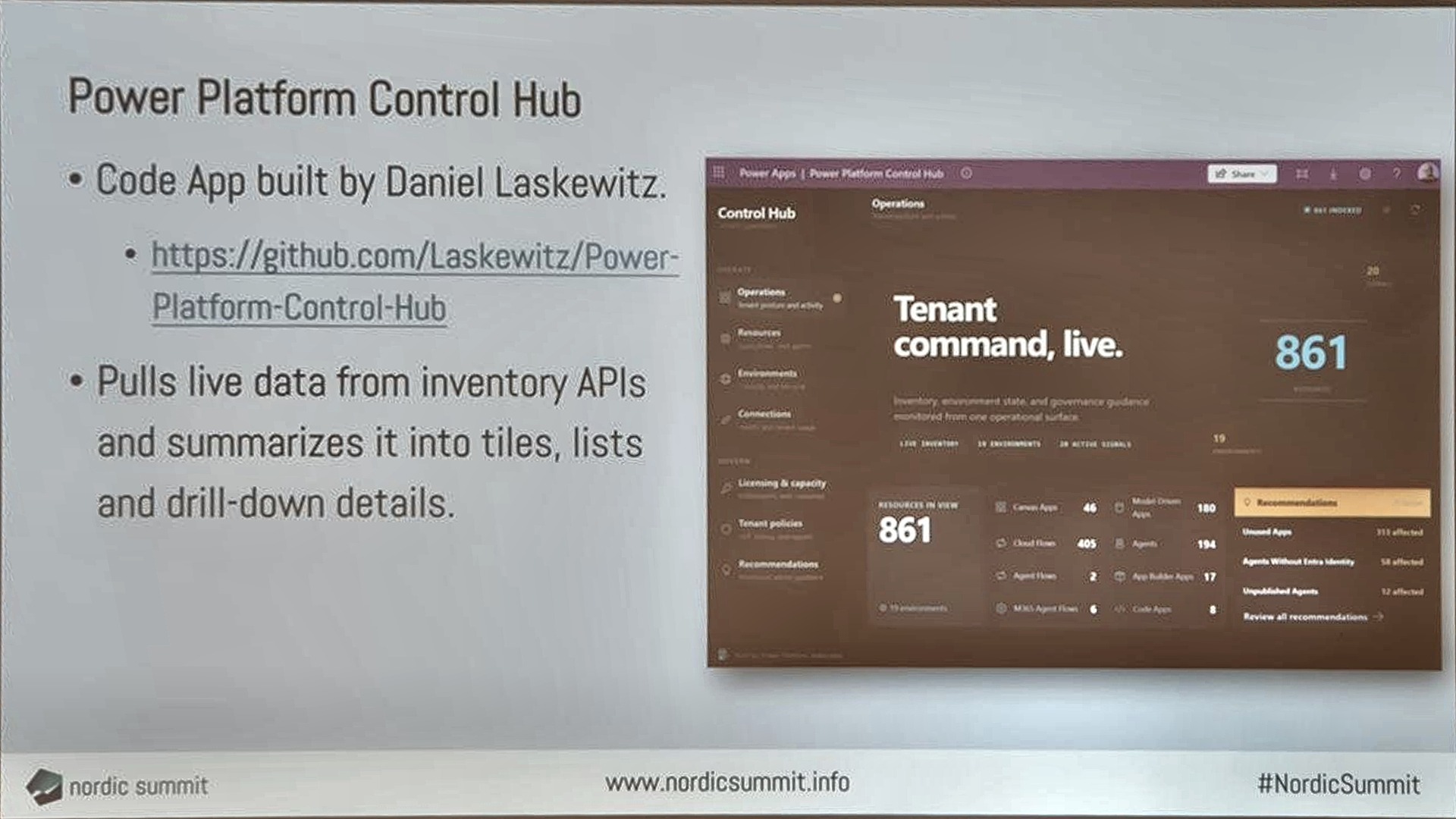Slide: Power Platform Control Hub, a Code App by Daniel Laskewitz that pulls live data from inventory APIs into tiles and lists