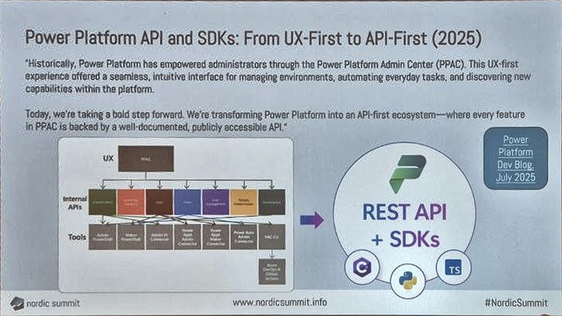 Slide: Power Platform API and SDKs, from UX-first to API-first, quoting the Power Platform developer blog from July 2025