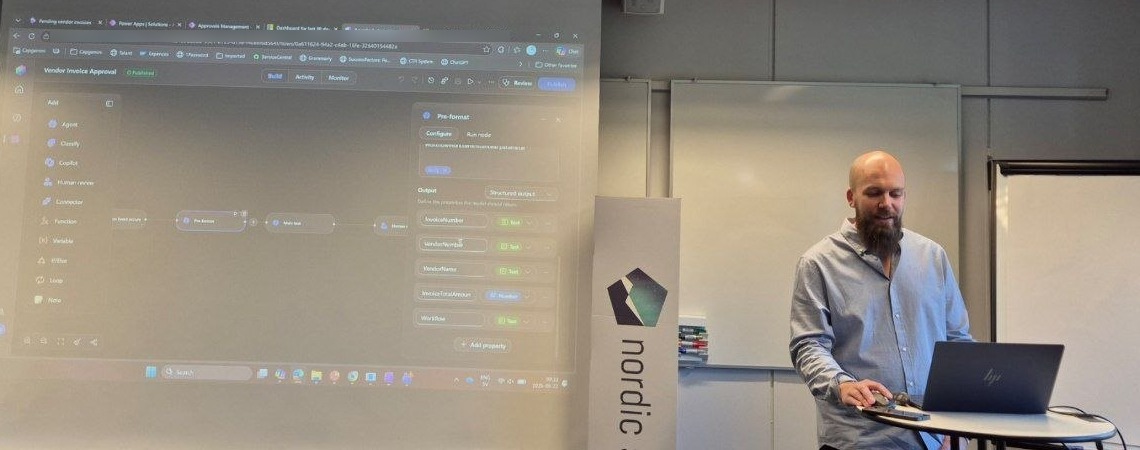 Ted Ohlsson at his laptop with a Copilot Studio agent flow called Vendor Invoice Approval on screen: pre-format node with structured output properties and a human review step