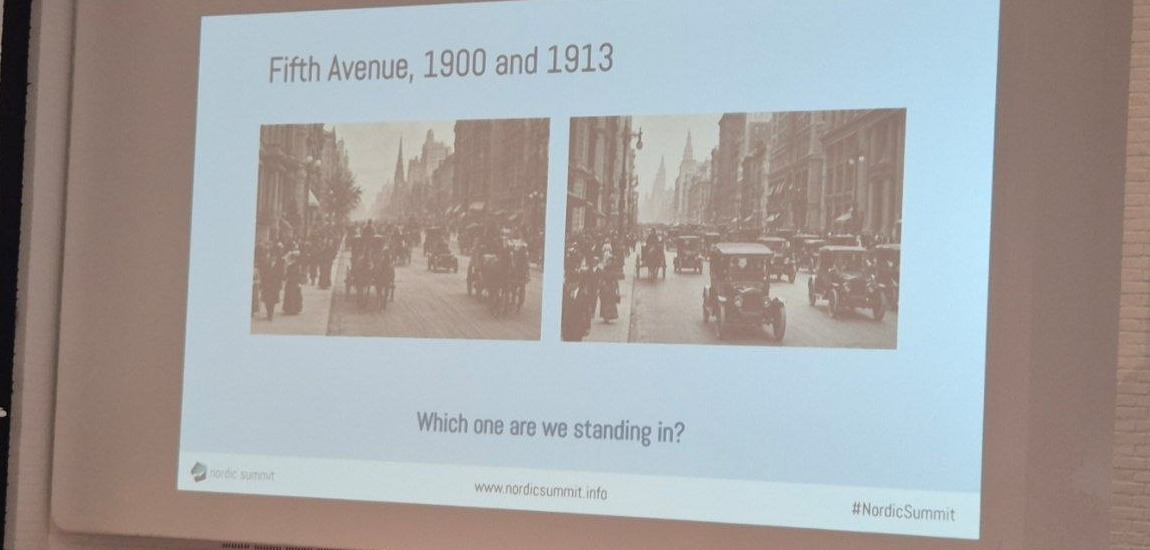Slide: Fifth Avenue in 1900 and 1913, horse carriages in one photo and cars in the other, with the question which one are we standing in