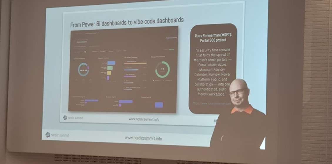 Slide: from Power BI dashboards to vibe code dashboards, quoting a Microsoft post about reports built with AI