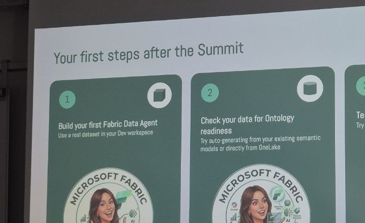 Slide: your first steps after the Summit. Build your first Fabric data agent, check your data for ontology readiness, test MCP integration of a data agent in Copilot Studio