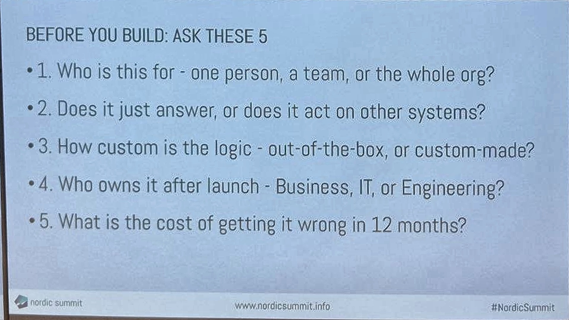Slide: before you build ask these five questions about audience, actions, custom logic, ownership after launch and the cost of getting it wrong